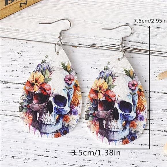 Halloween Flower Skull Pattern PU Leather Reversible Drop Earrings, New! - Picture 4 of 4